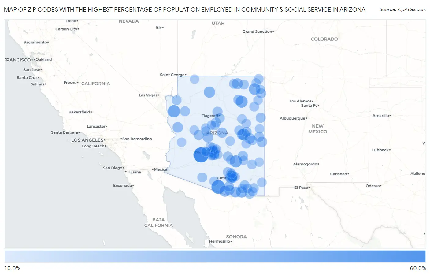 Zip Codes with the Highest Percentage of Population Employed in Community & Social Service  in Arizona Map