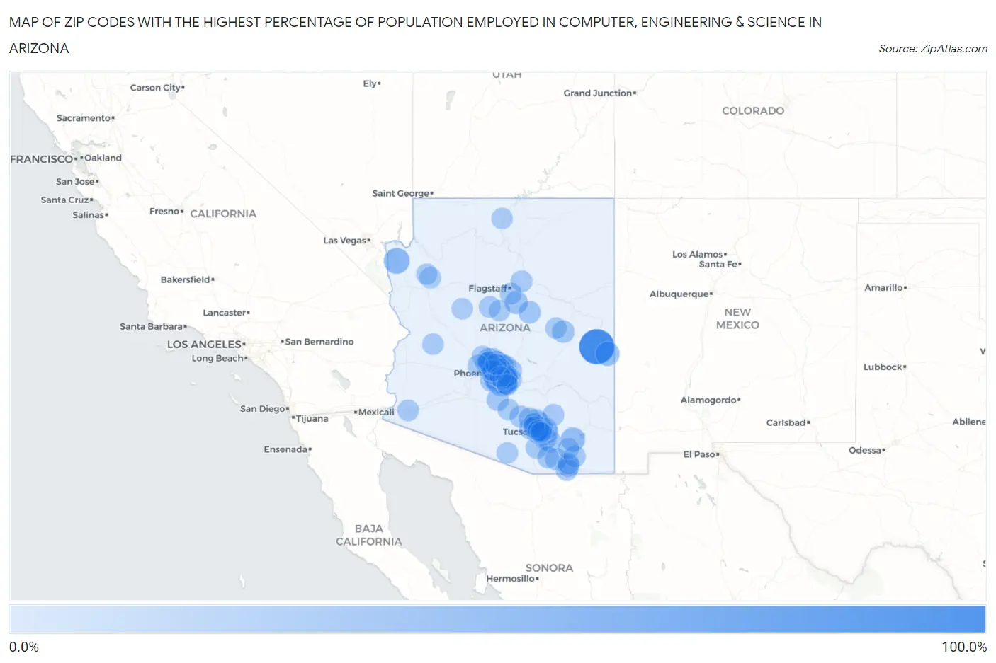 Zip Codes with the Highest Percentage of Population Employed in Computer, Engineering & Science in Arizona Map