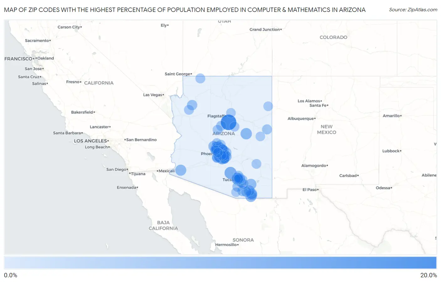 Zip Codes with the Highest Percentage of Population Employed in Computer & Mathematics in Arizona Map