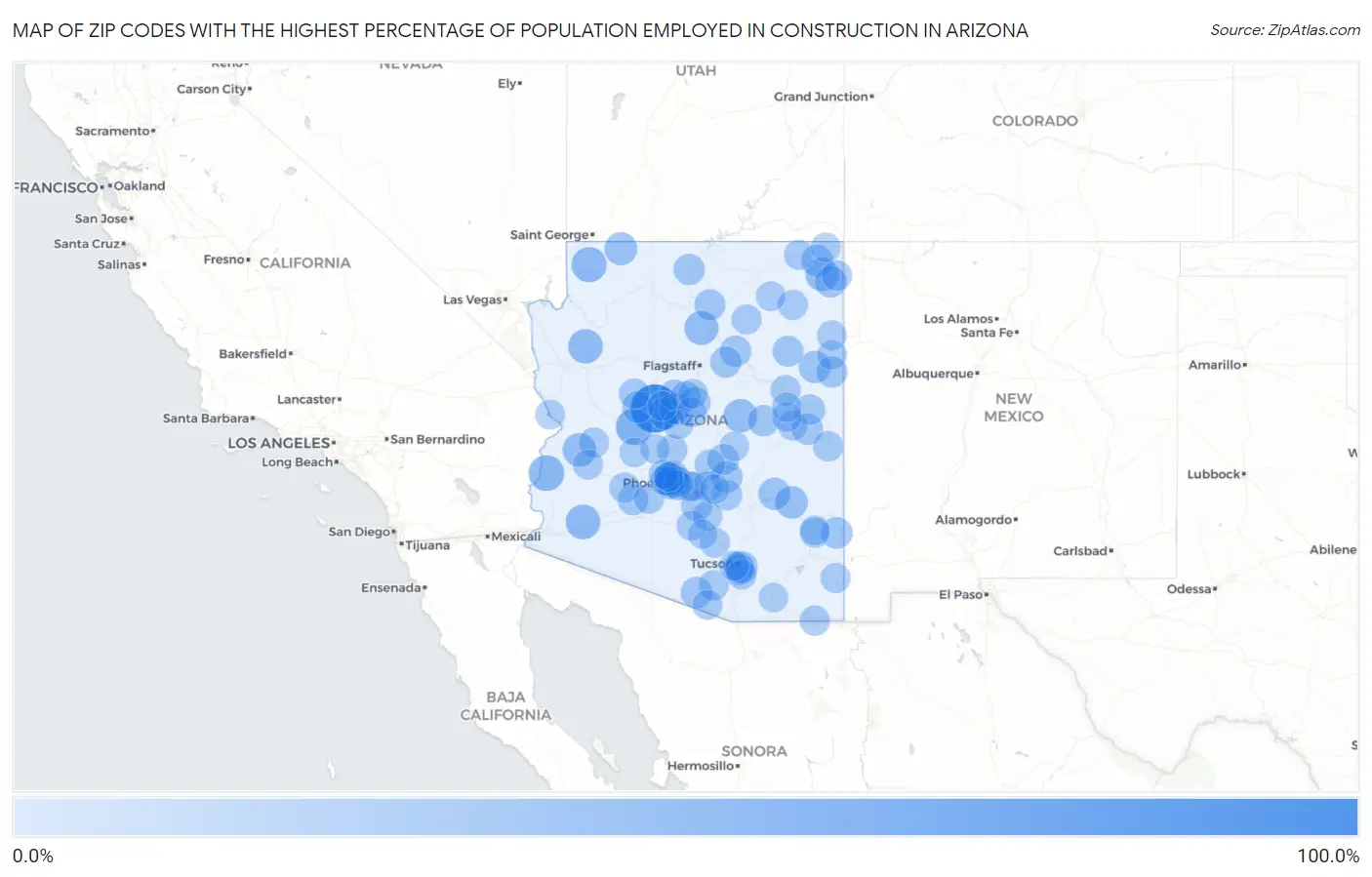Zip Codes with the Highest Percentage of Population Employed in Construction in Arizona Map