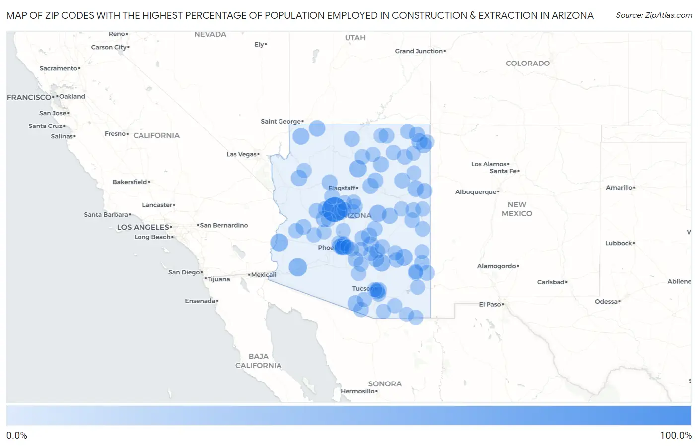 Zip Codes with the Highest Percentage of Population Employed in Construction & Extraction in Arizona Map