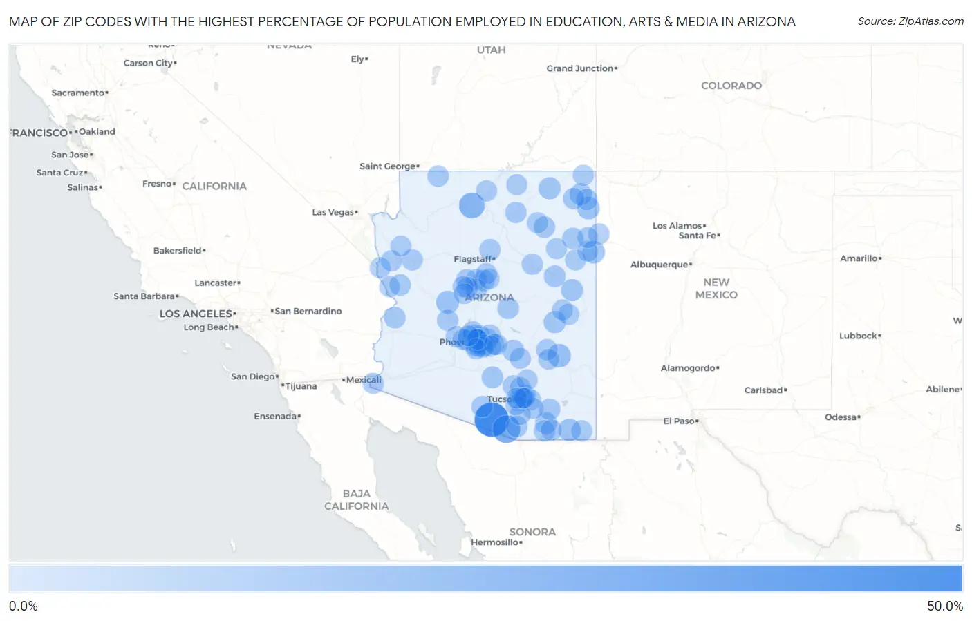 Zip Codes with the Highest Percentage of Population Employed in Education, Arts & Media in Arizona Map