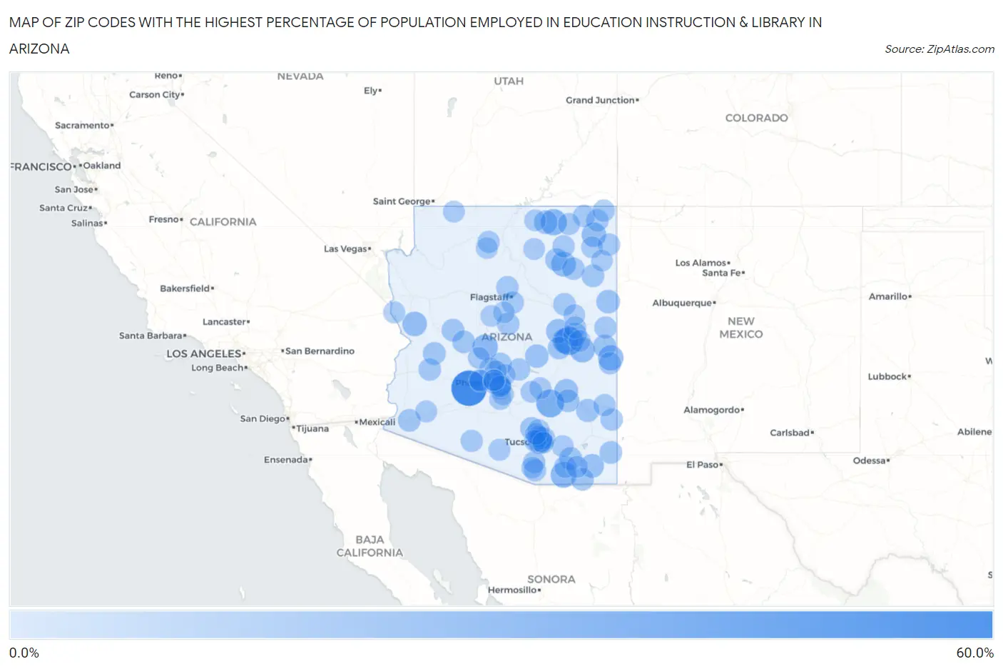 Zip Codes with the Highest Percentage of Population Employed in Education Instruction & Library in Arizona Map