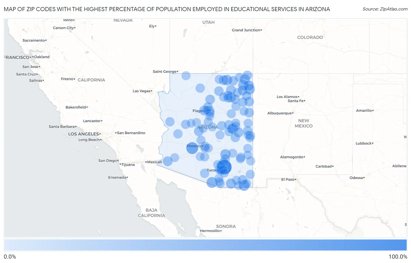 Zip Codes with the Highest Percentage of Population Employed in Educational Services in Arizona Map