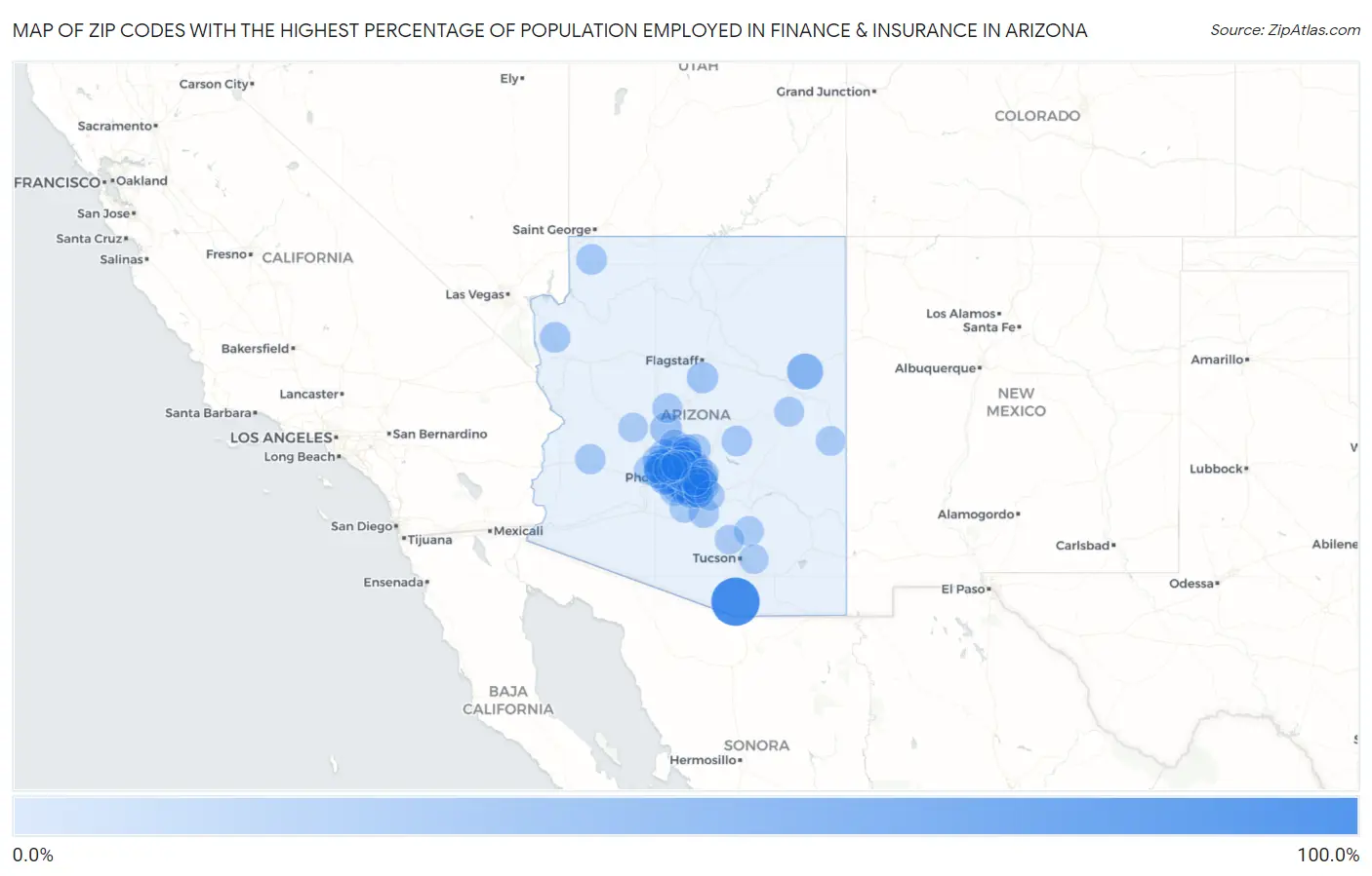 Zip Codes with the Highest Percentage of Population Employed in Finance & Insurance in Arizona Map