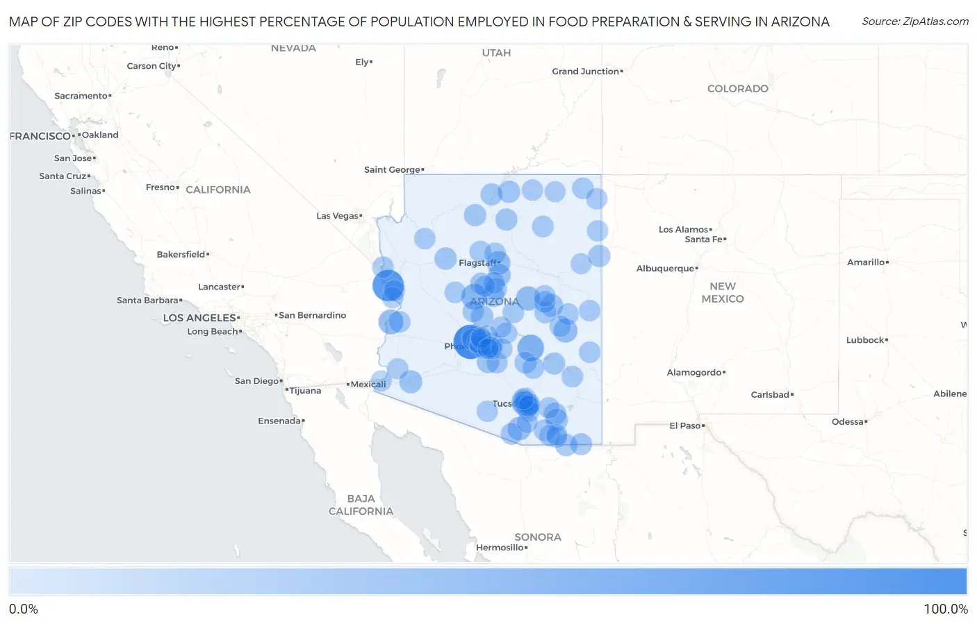 Zip Codes with the Highest Percentage of Population Employed in Food Preparation & Serving in Arizona Map