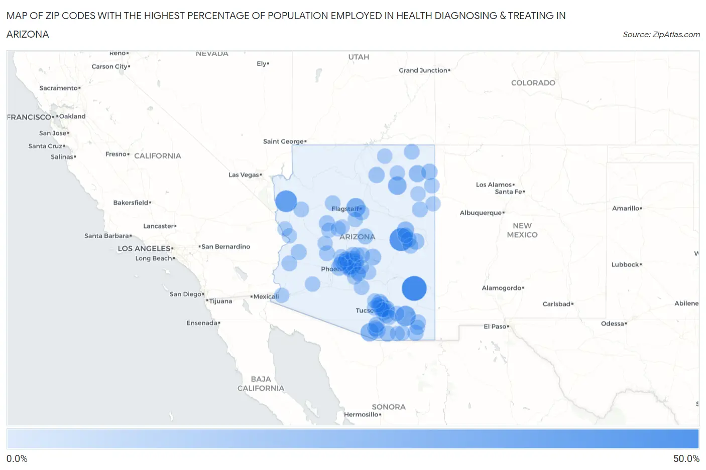 Zip Codes with the Highest Percentage of Population Employed in Health Diagnosing & Treating in Arizona Map