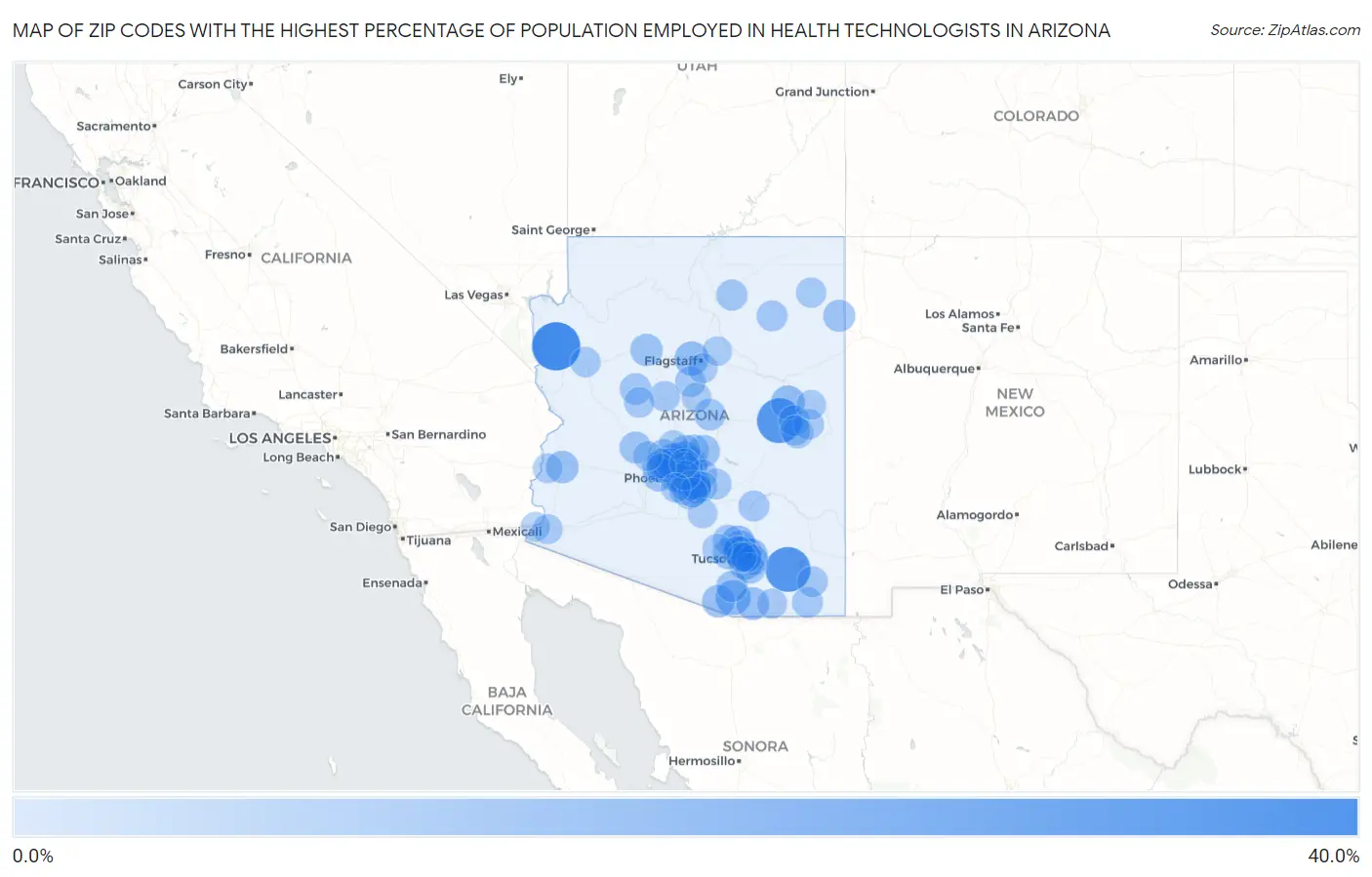 Zip Codes with the Highest Percentage of Population Employed in Health Technologists in Arizona Map