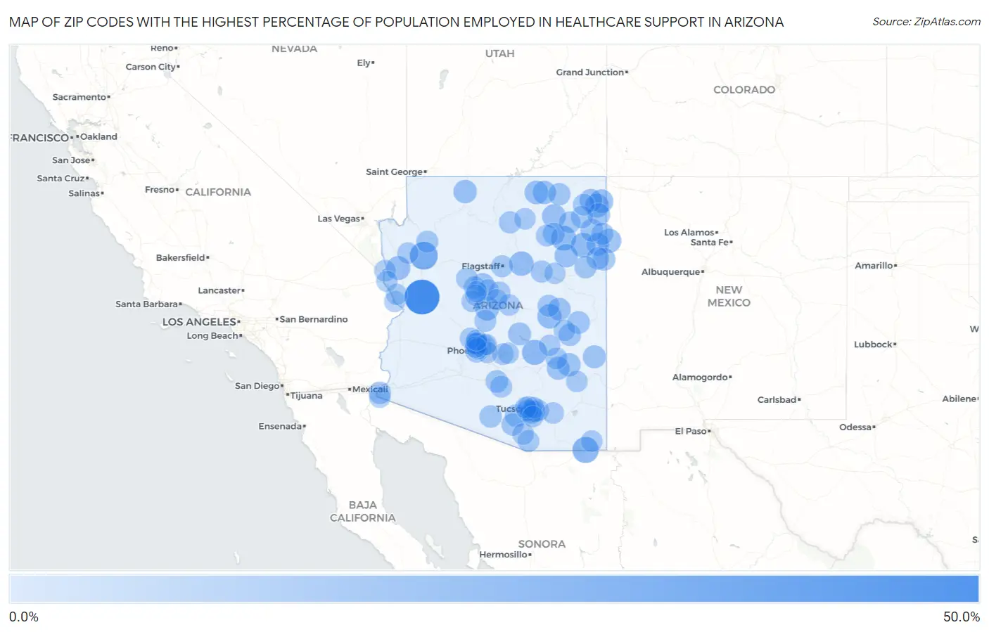 Zip Codes with the Highest Percentage of Population Employed in Healthcare Support in Arizona Map