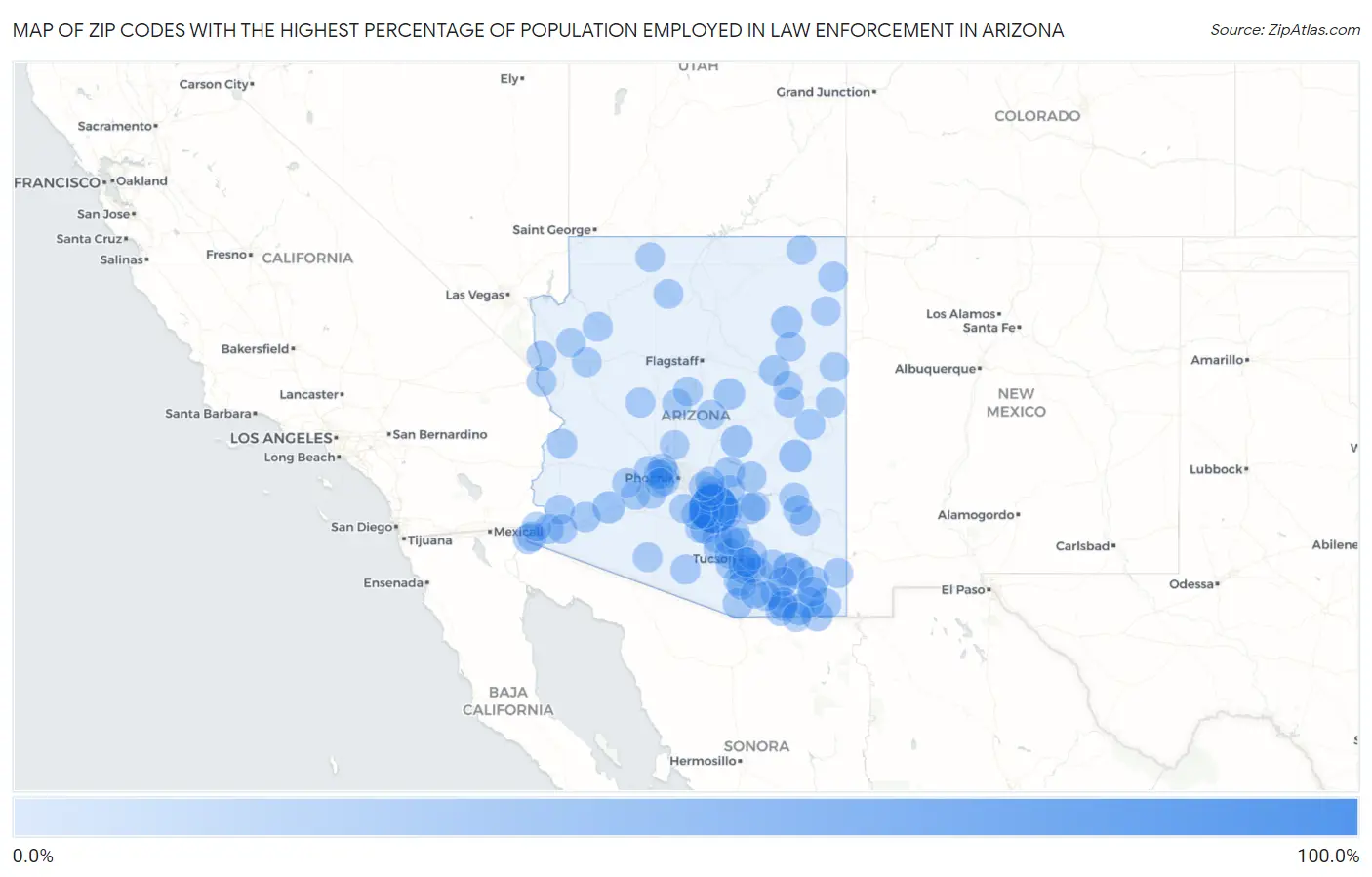 Zip Codes with the Highest Percentage of Population Employed in Law Enforcement in Arizona Map