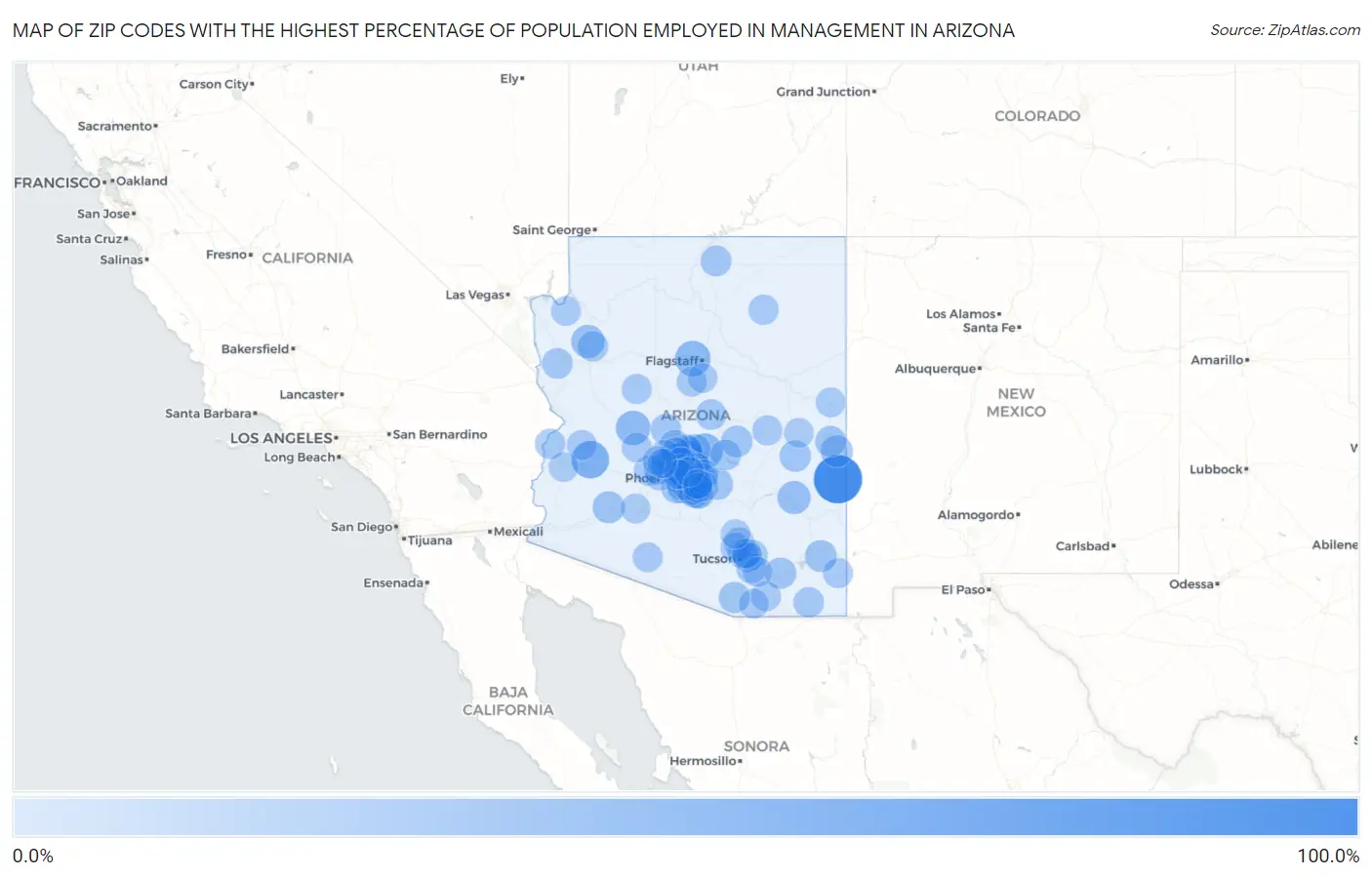 Zip Codes with the Highest Percentage of Population Employed in Management in Arizona Map