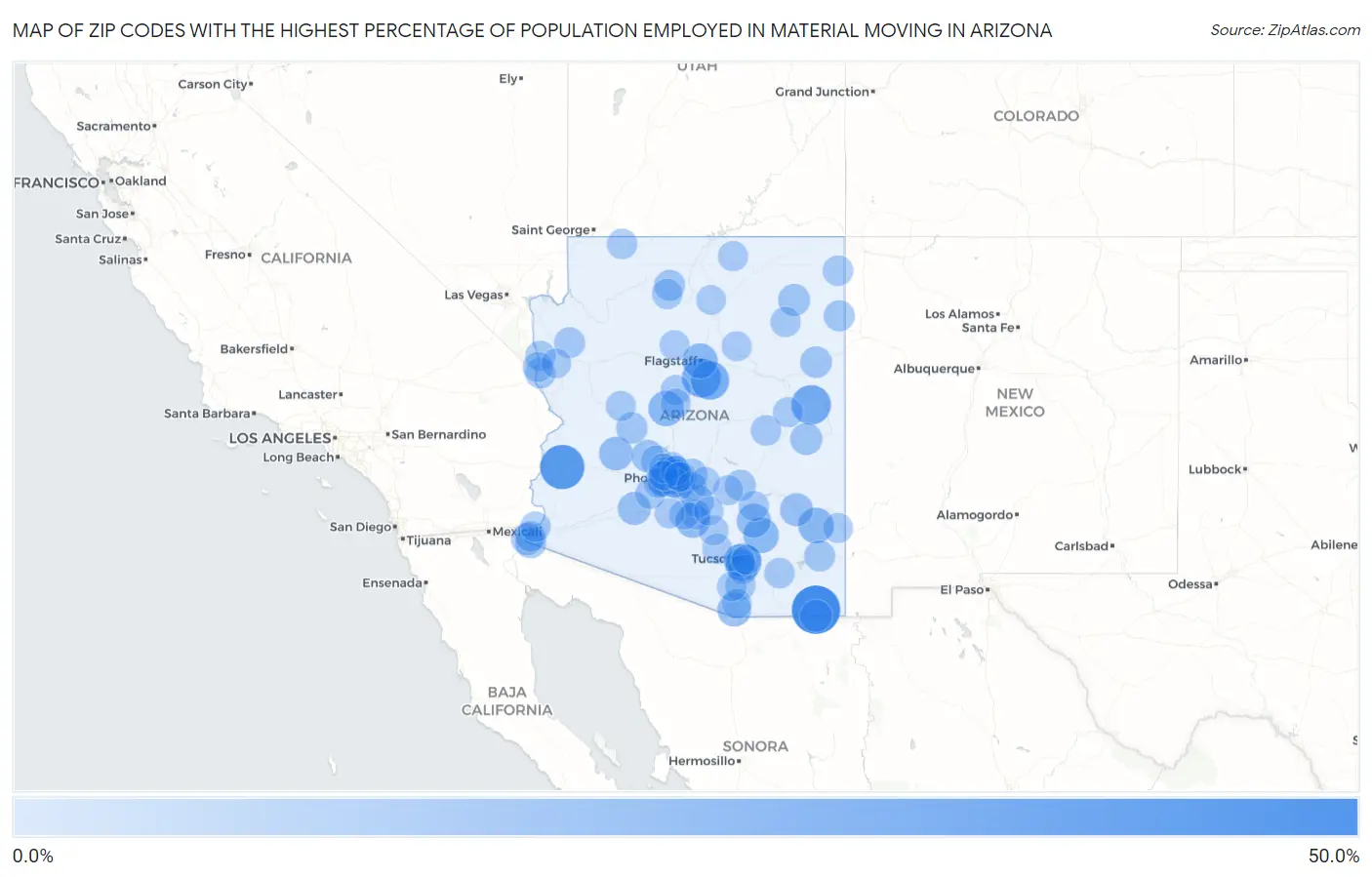Zip Codes with the Highest Percentage of Population Employed in Material Moving in Arizona Map