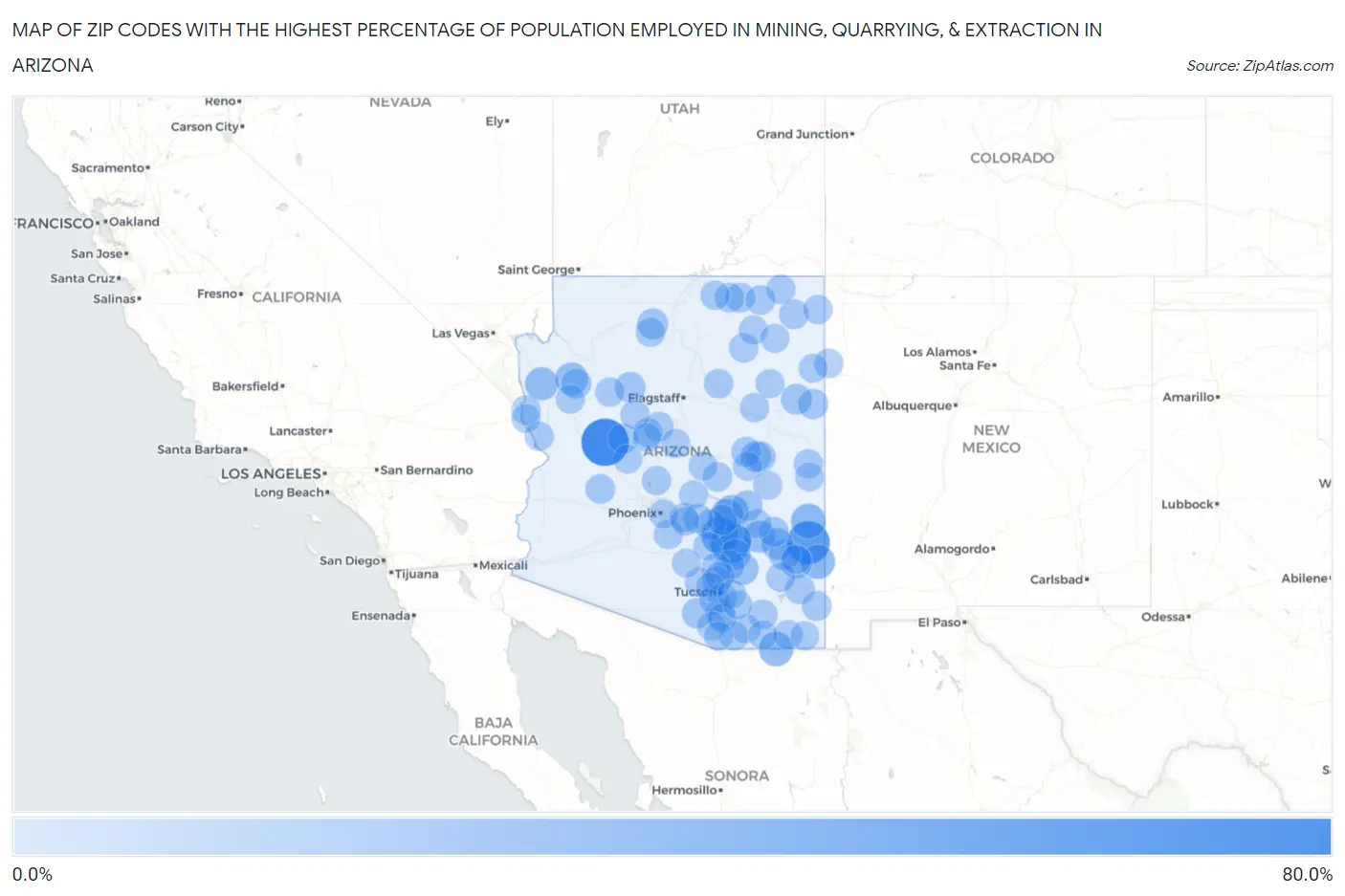 Zip Codes with the Highest Percentage of Population Employed in Mining, Quarrying, & Extraction in Arizona Map