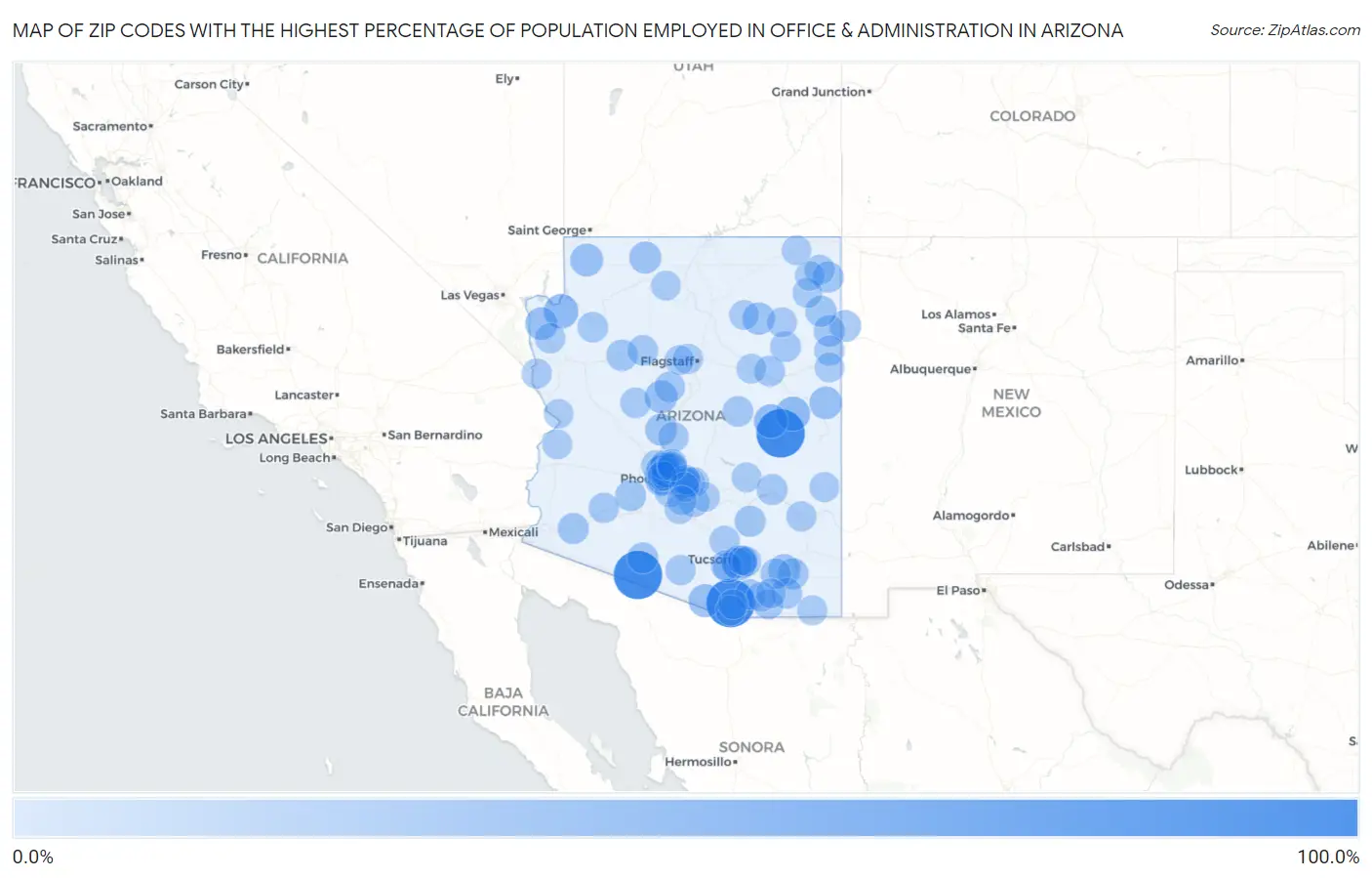 Zip Codes with the Highest Percentage of Population Employed in Office & Administration in Arizona Map