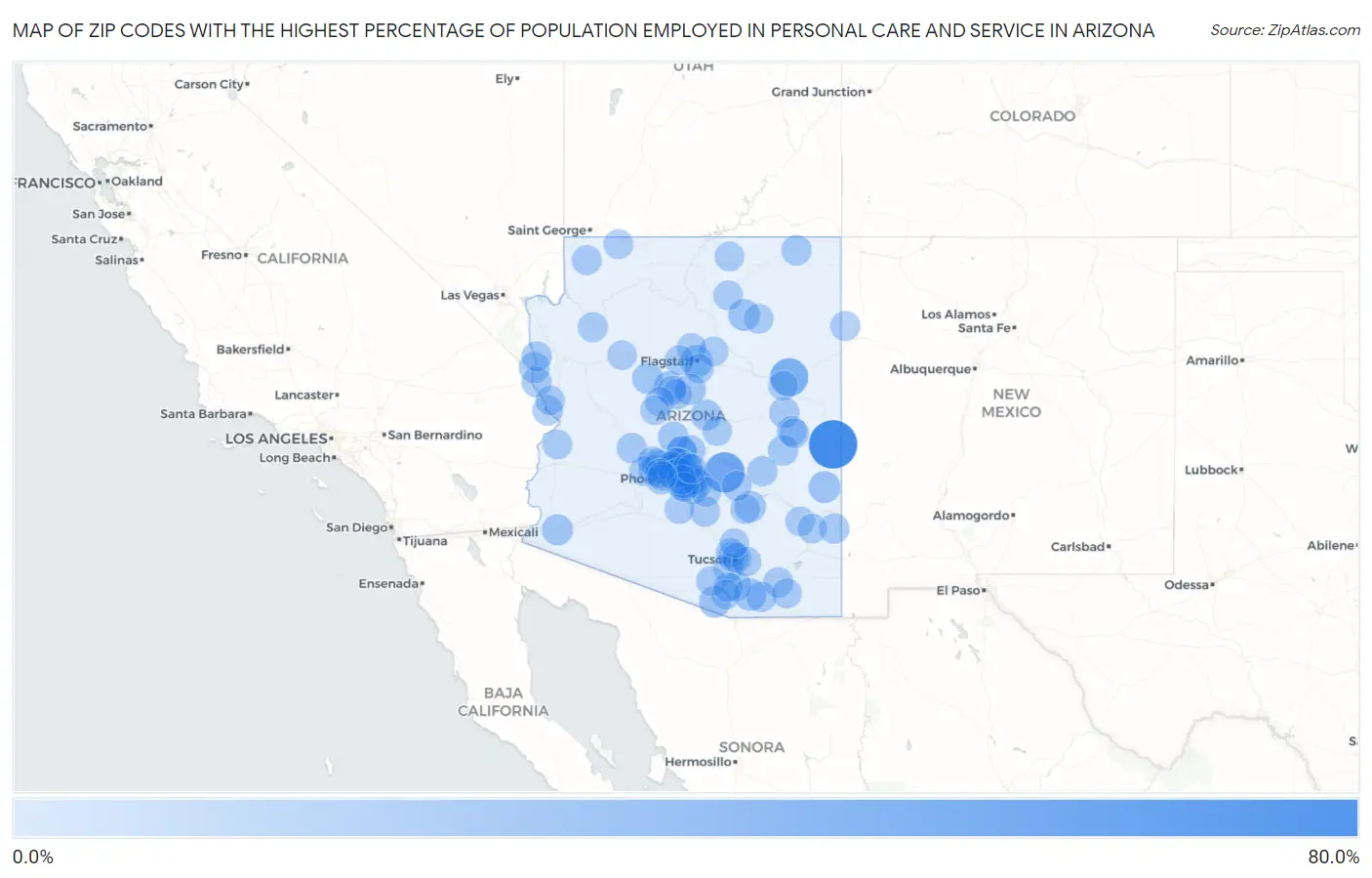 Zip Codes with the Highest Percentage of Population Employed in Personal Care and Service in Arizona Map
