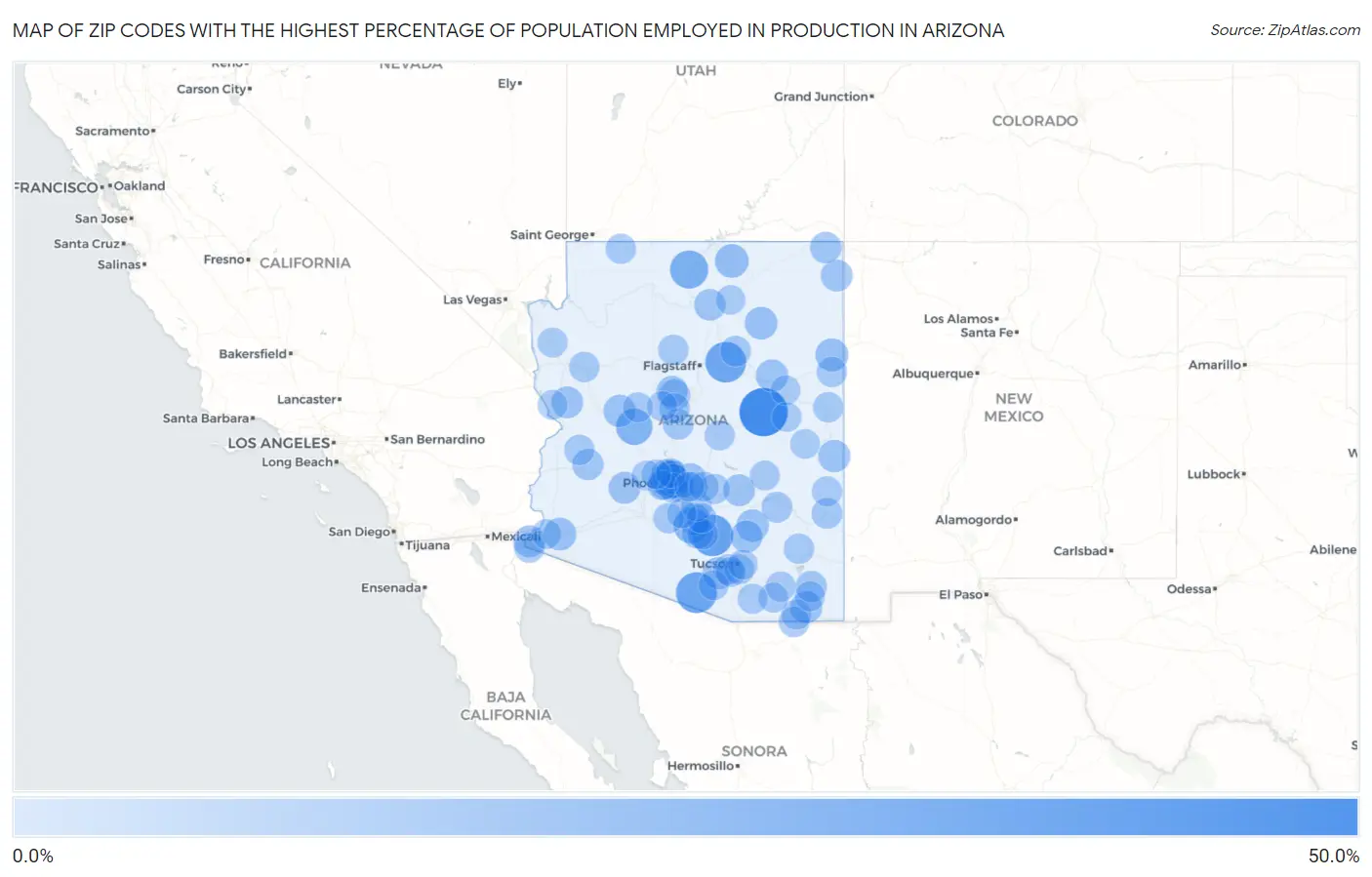 Zip Codes with the Highest Percentage of Population Employed in Production in Arizona Map
