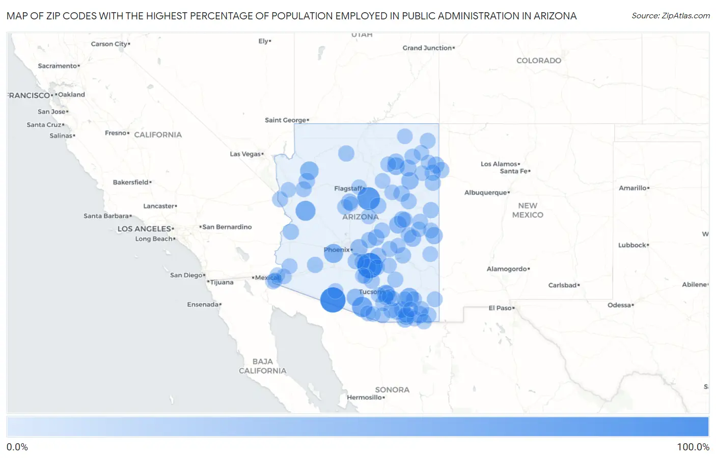 Zip Codes with the Highest Percentage of Population Employed in Public Administration in Arizona Map
