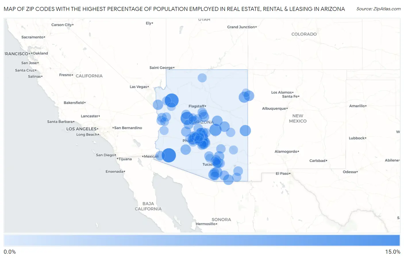 Zip Codes with the Highest Percentage of Population Employed in Real Estate, Rental & Leasing in Arizona Map