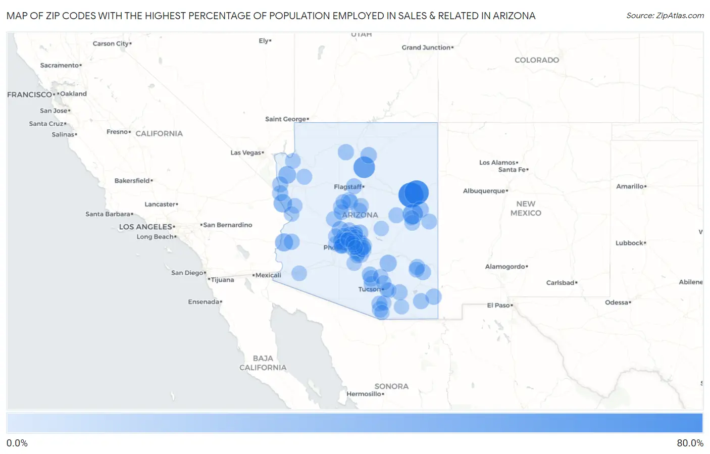 Zip Codes with the Highest Percentage of Population Employed in Sales & Related in Arizona Map