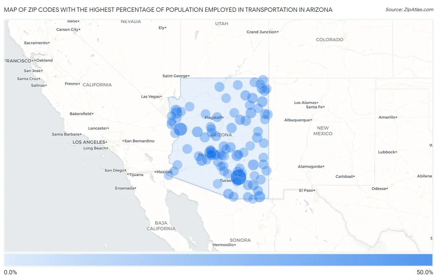 Zip Codes with the Highest Percentage of Population Employed in Transportation in Arizona Map