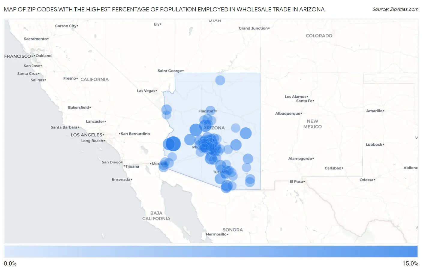 Zip Codes with the Highest Percentage of Population Employed in Wholesale Trade in Arizona Map