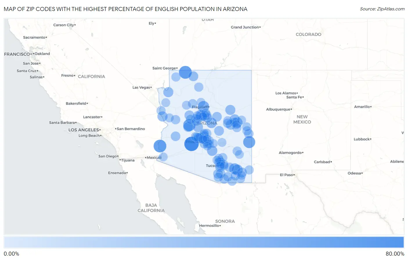 Zip Codes with the Highest Percentage of English Population in Arizona Map