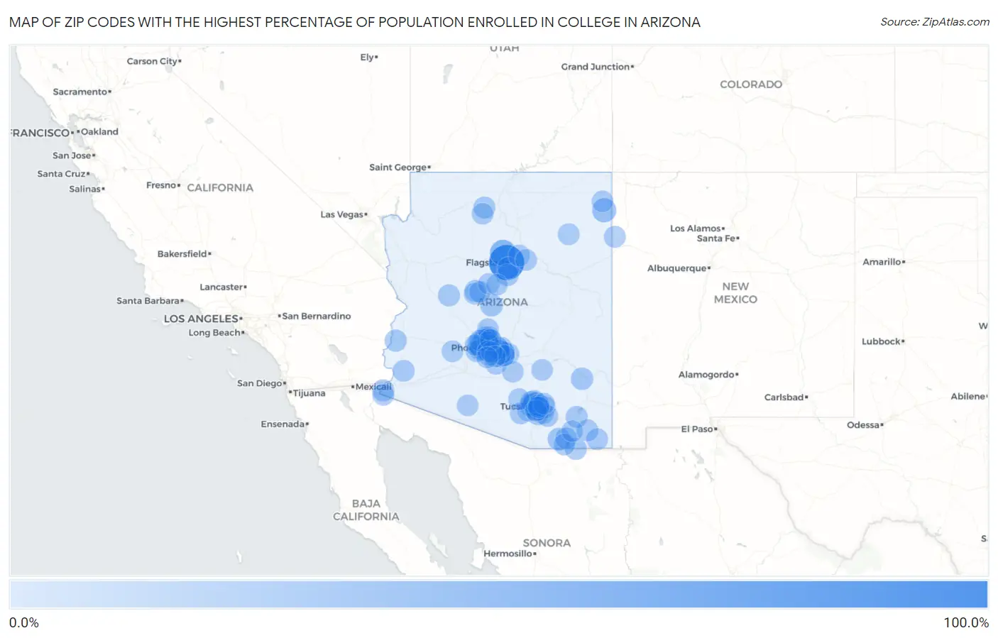 Zip Codes with the Highest Percentage of Population Enrolled in College in Arizona Map