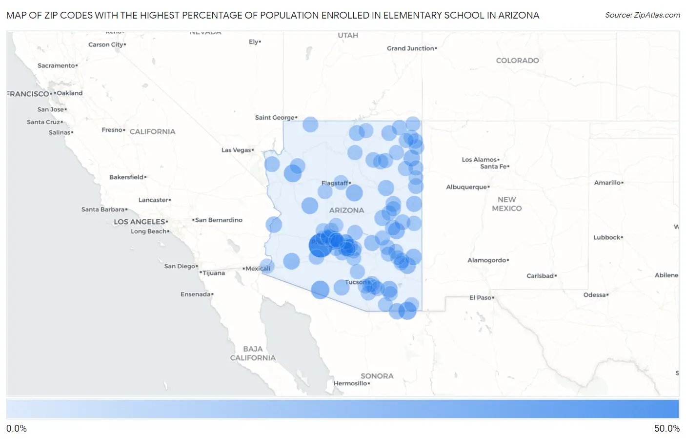 Zip Codes with the Highest Percentage of Population Enrolled in Elementary School in Arizona Map