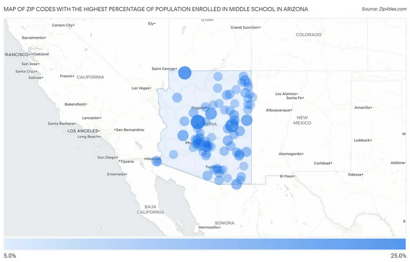 Zip Codes with the Highest Percentage of Population Enrolled in Middle School in Arizona Map
