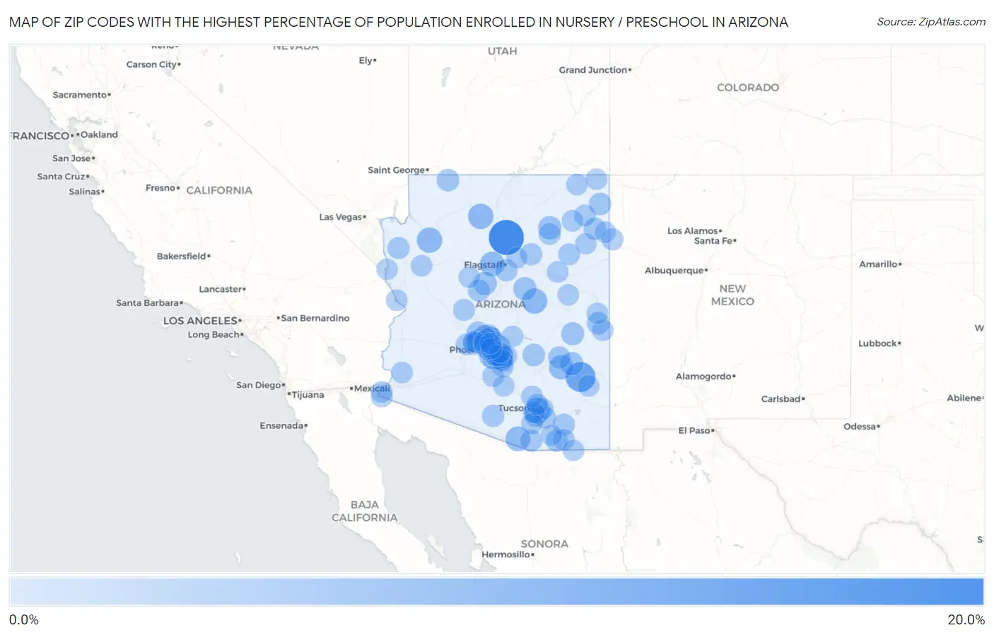 Zip Codes with the Highest Percentage of Population Enrolled in Nursery / Preschool in Arizona Map