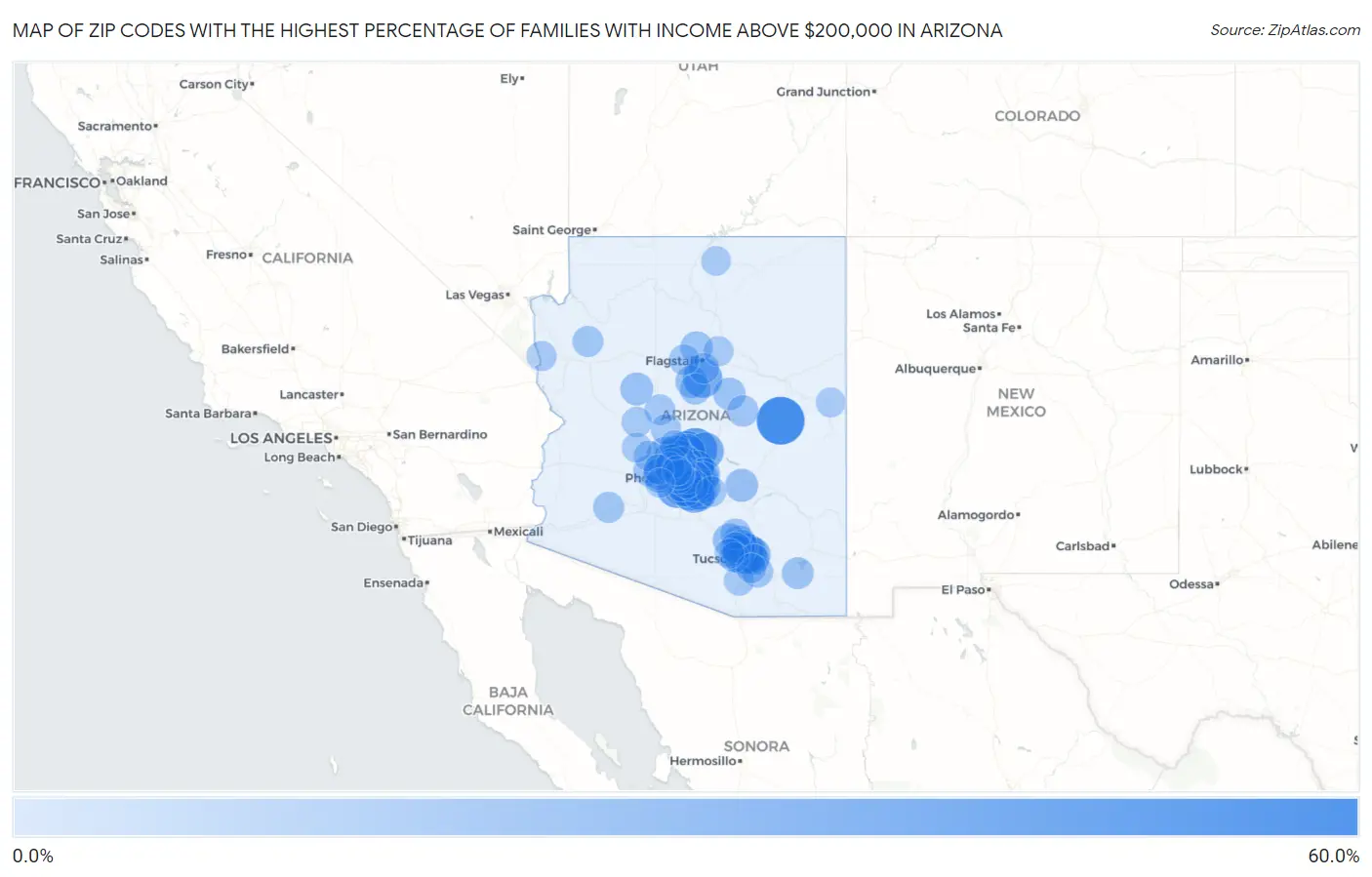 Zip Codes with the Highest Percentage of Families with Income Above $200,000 in Arizona Map
