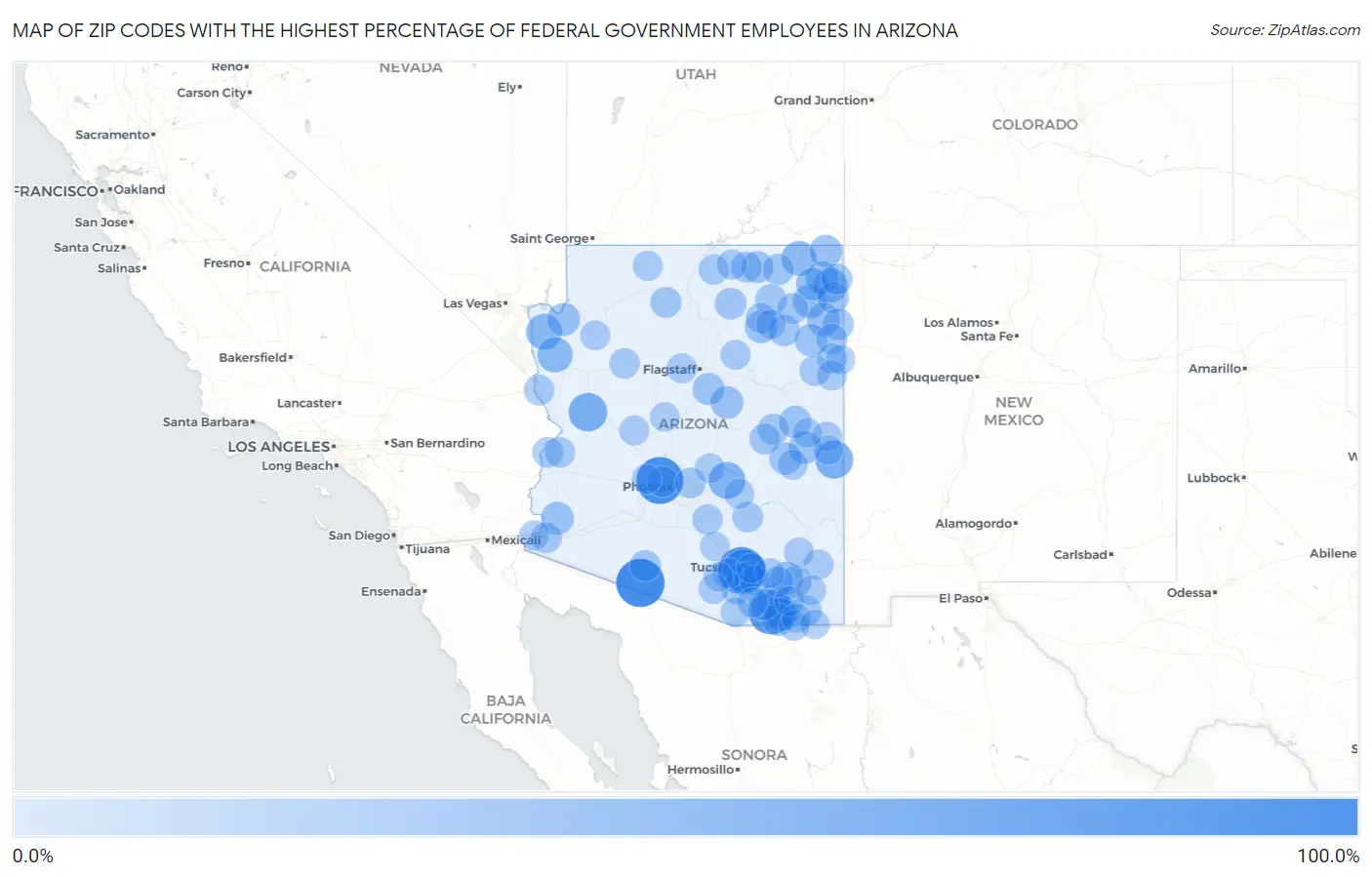 Zip Codes with the Highest Percentage of Federal Government Employees in Arizona Map
