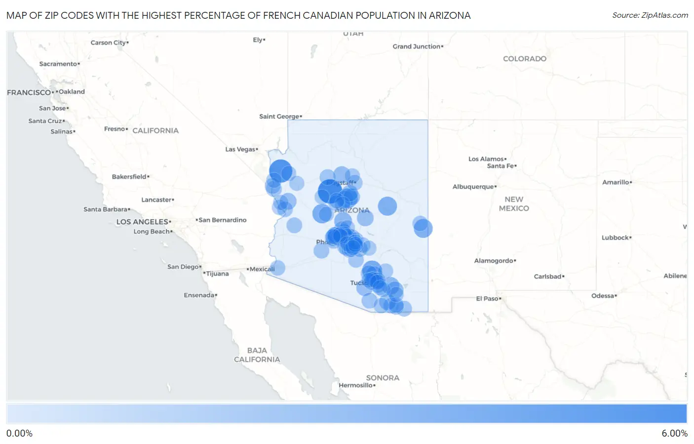 Zip Codes with the Highest Percentage of French Canadian Population in Arizona Map