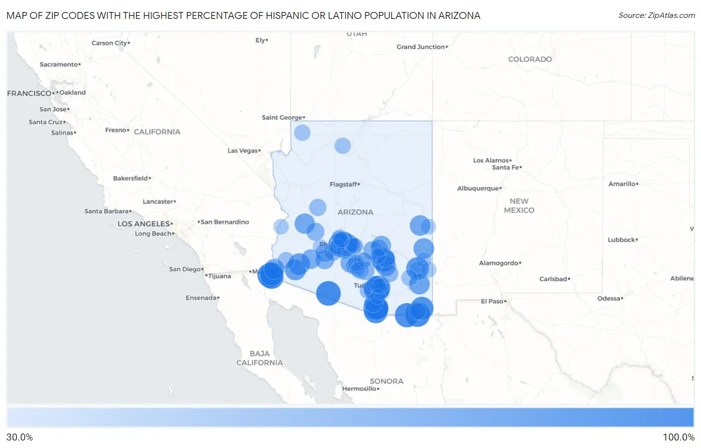 Zip Codes with the Highest Percentage of Hispanic or Latino Population in Arizona Map