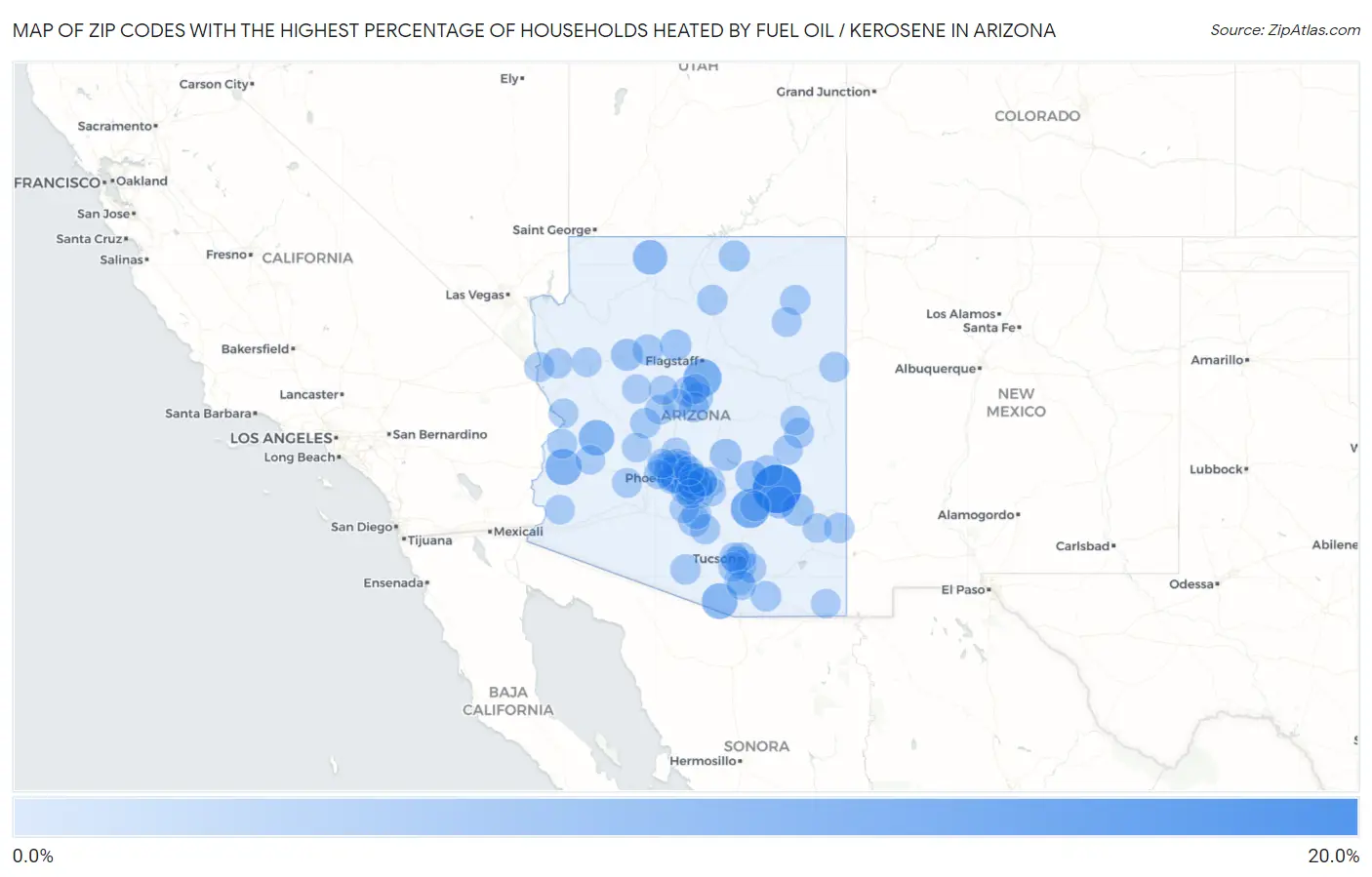 Zip Codes with the Highest Percentage of Households Heated by Fuel Oil / Kerosene in Arizona Map