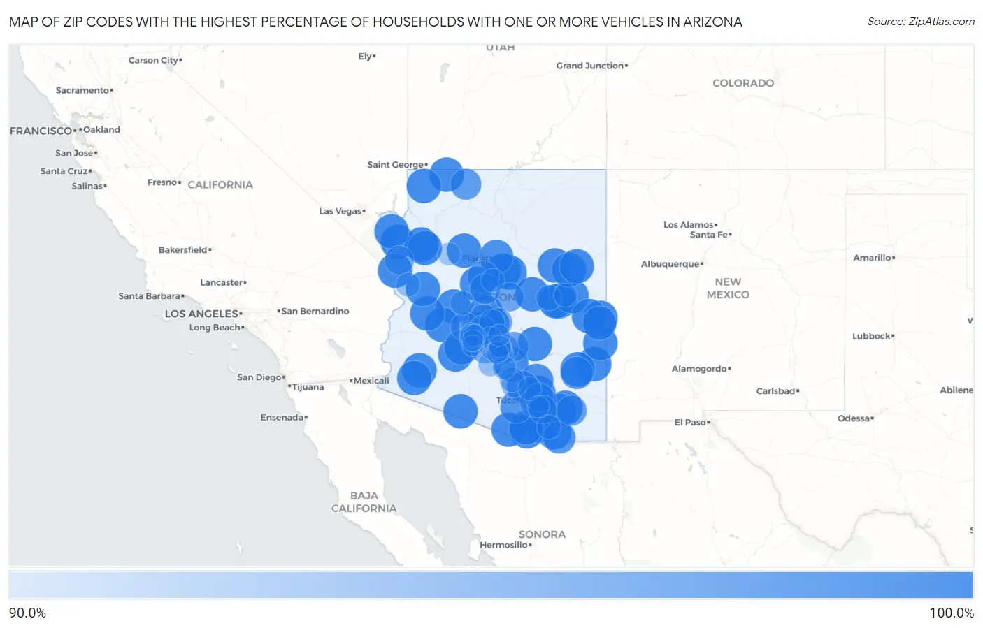 Zip Codes with the Highest Percentage of Households With One or more Vehicles in Arizona Map