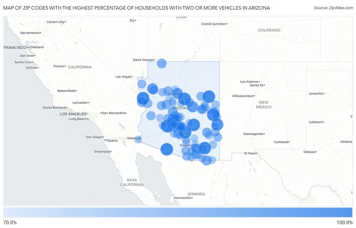 Zip Codes with the Highest Percentage of Households With Two or more Vehicles in Arizona Map