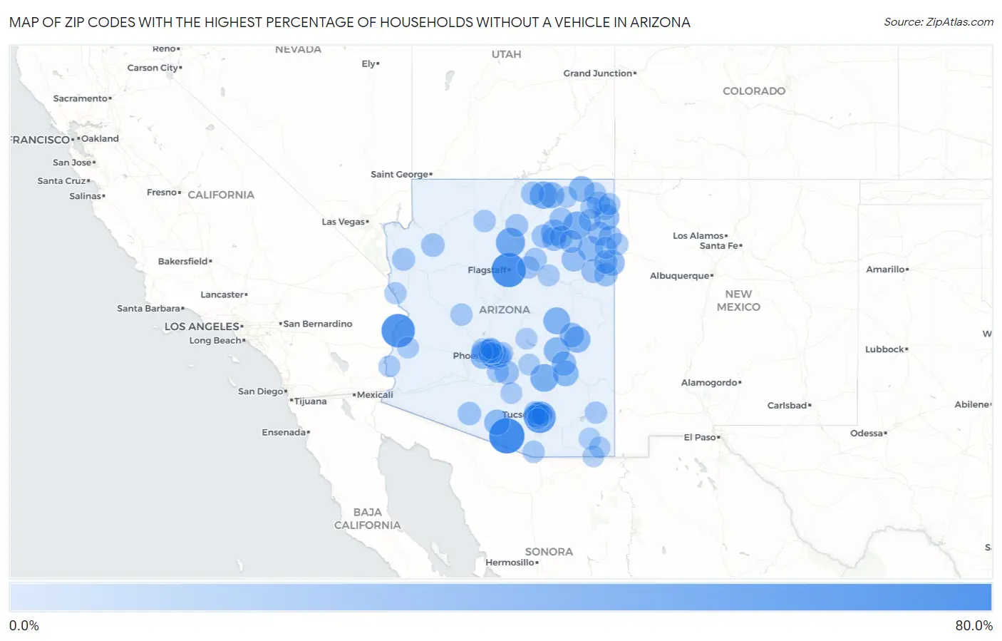 Zip Codes with the Highest Percentage of Households Without a Vehicle in Arizona Map