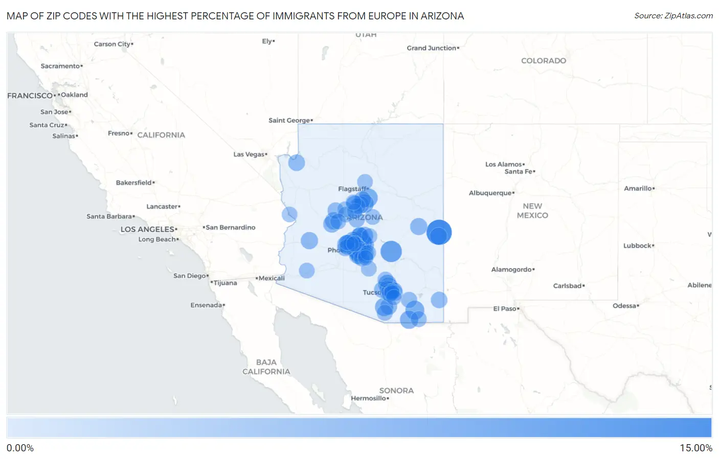 Zip Codes with the Highest Percentage of Immigrants from Europe in Arizona Map