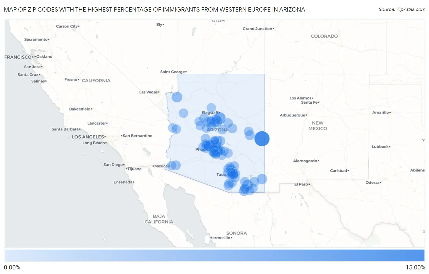 Zip Codes with the Highest Percentage of Immigrants from Western Europe in Arizona Map