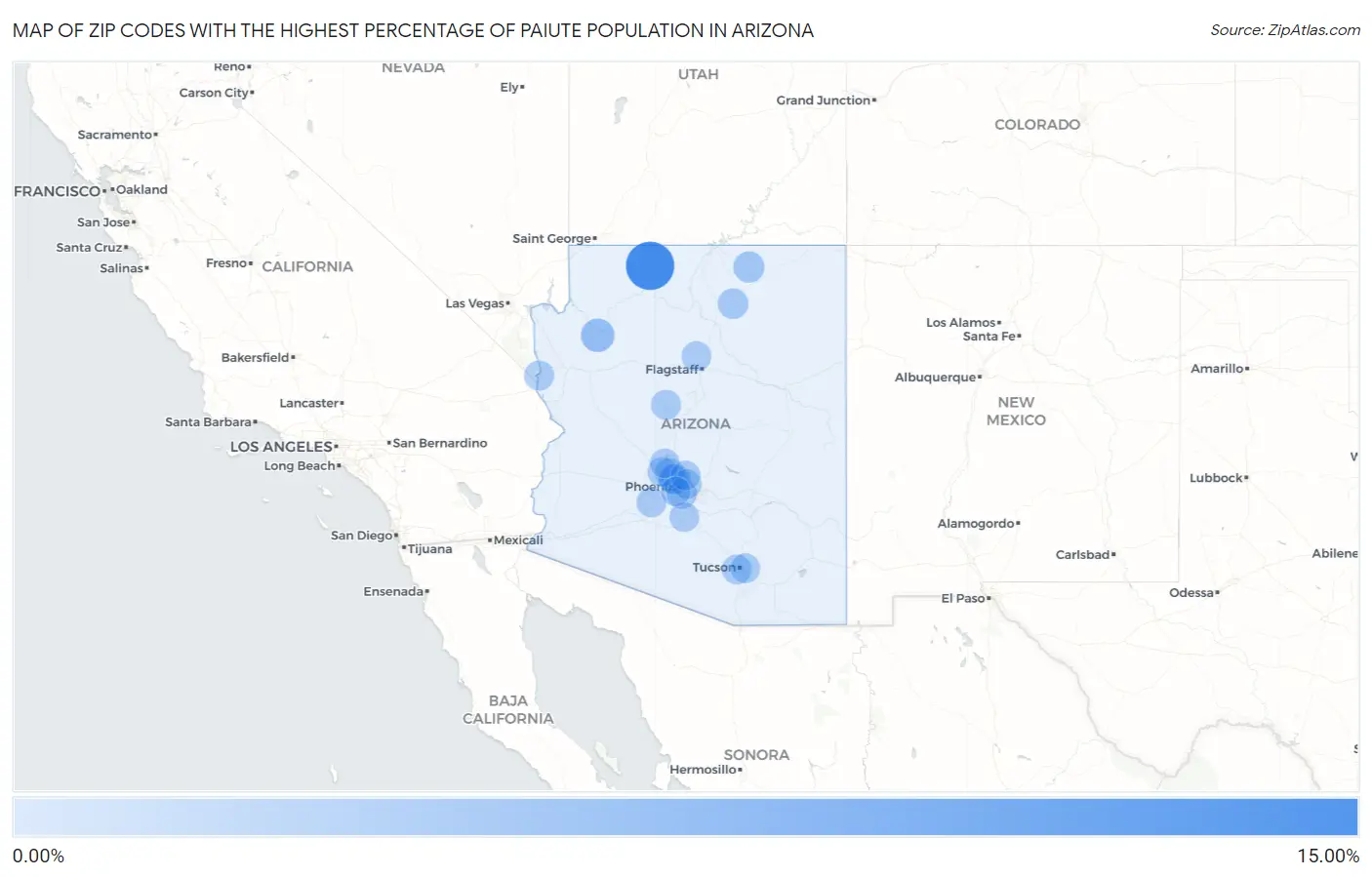 Zip Codes with the Highest Percentage of Paiute Population in Arizona Map