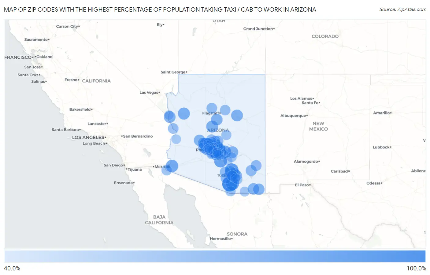 Zip Codes with the Highest Percentage of Population Taking Taxi / Cab to Work in Arizona Map