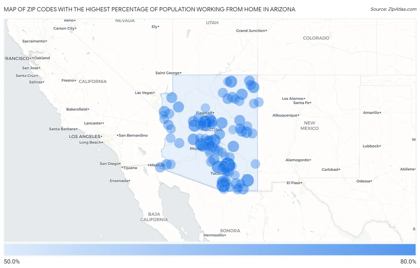 Zip Codes with the Highest Percentage of Population Working from Home in Arizona Map
