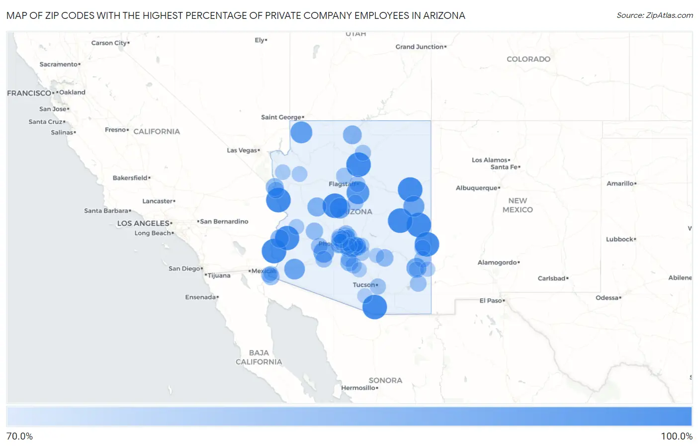 Zip Codes with the Highest Percentage of Private Company Employees in Arizona Map