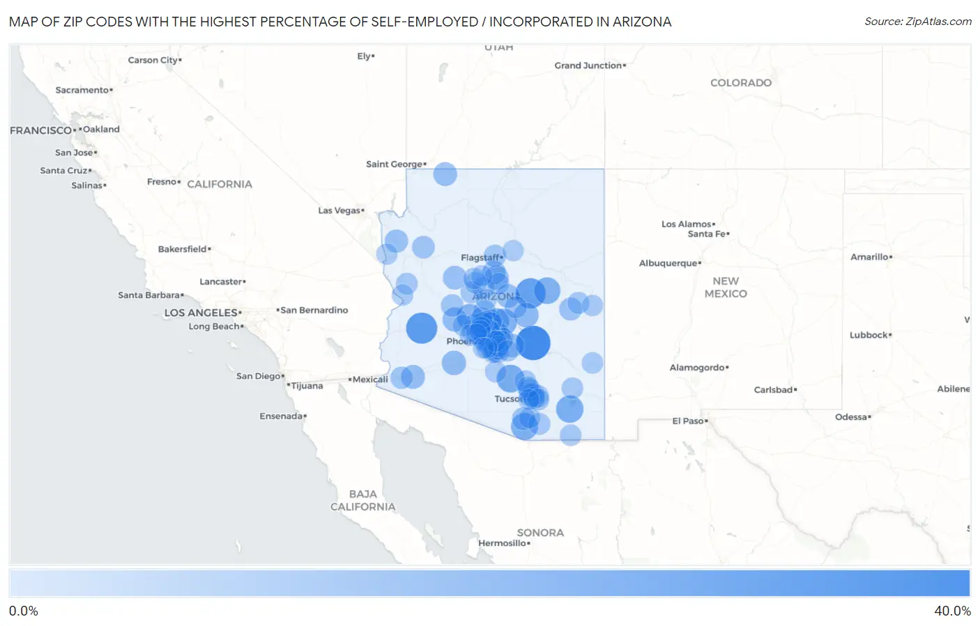 Zip Codes with the Highest Percentage of Self-Employed / Incorporated in Arizona Map