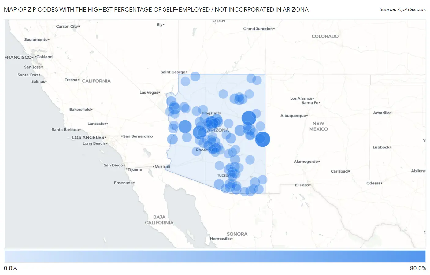 Zip Codes with the Highest Percentage of Self-Employed / Not Incorporated in Arizona Map