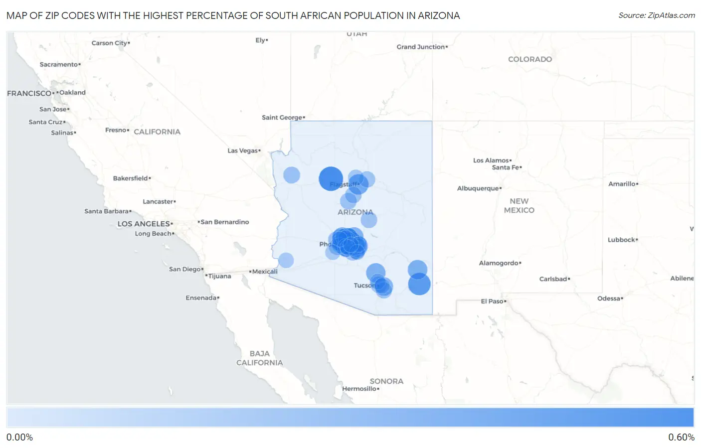 Zip Codes with the Highest Percentage of South African Population in Arizona Map