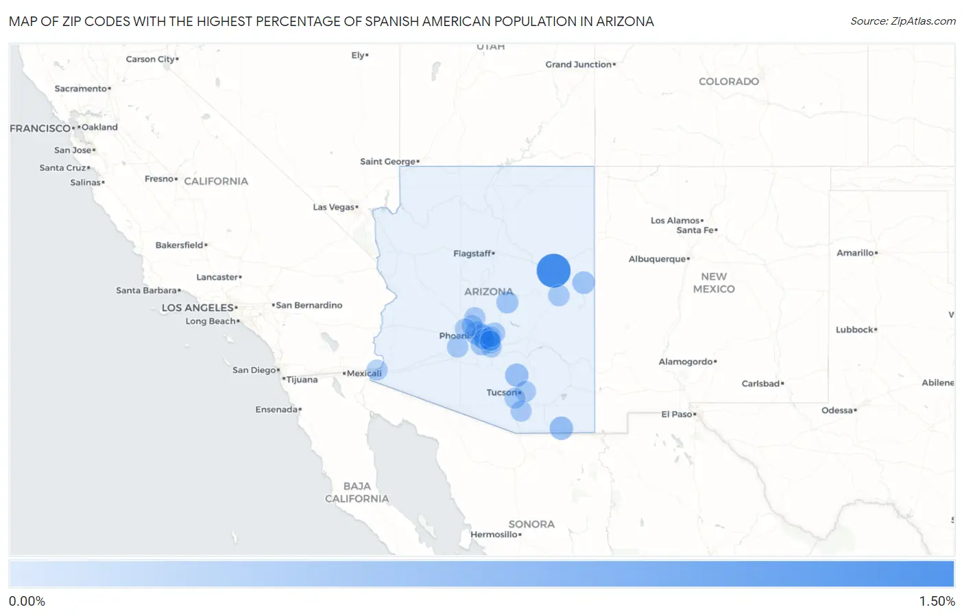 Zip Codes with the Highest Percentage of Spanish American Population in Arizona Map