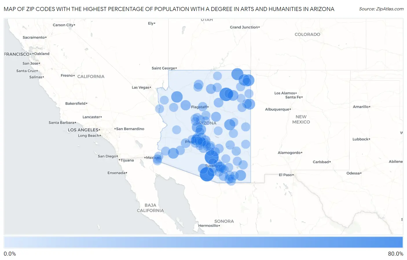 Zip Codes with the Highest Percentage of Population with a Degree in Arts and Humanities in Arizona Map