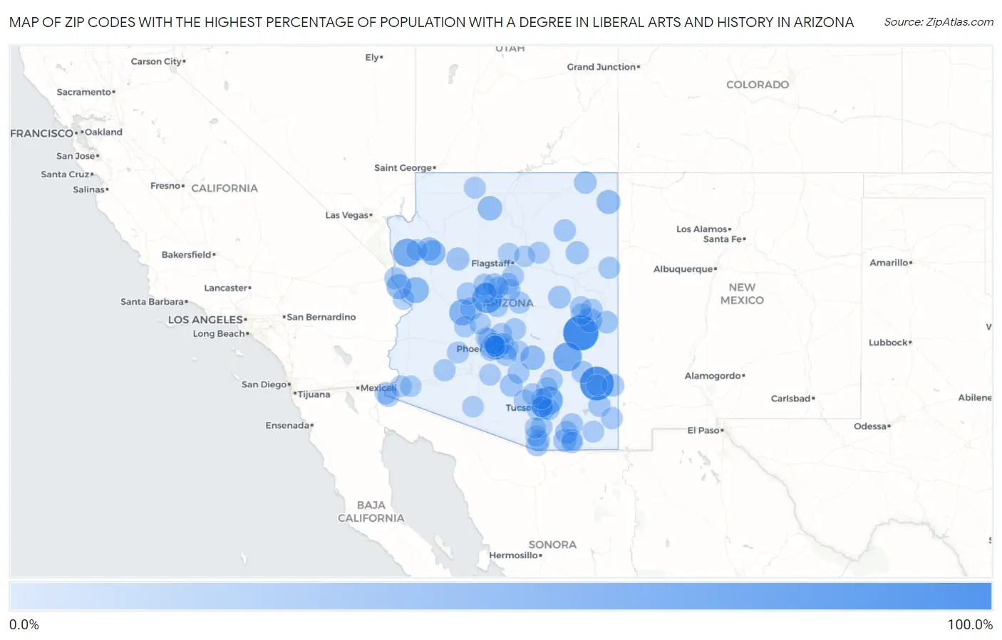 Zip Codes with the Highest Percentage of Population with a Degree in Liberal Arts and History in Arizona Map